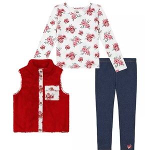Toddler and Little Girls Floral Trim Sherpa Vest & Leggings, 3 Piece Set